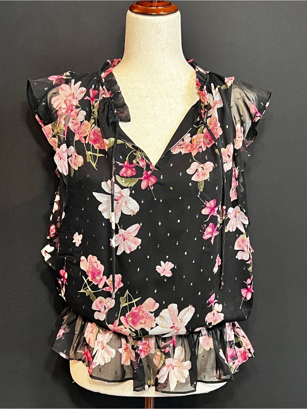 White House Black Market Black Floral Ruffle Tie-Neck Blouse